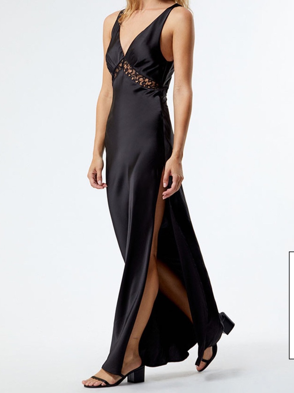 NWOT Lioness Black Satin Dakota Maxi Dress with Lace Waist cutouts